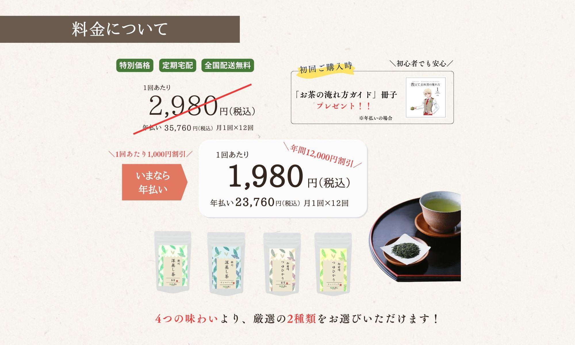 静岡のお茶定期便の年払いの料金表。茶葉またはティーバッグを2種類選べて1回あたり1,980円